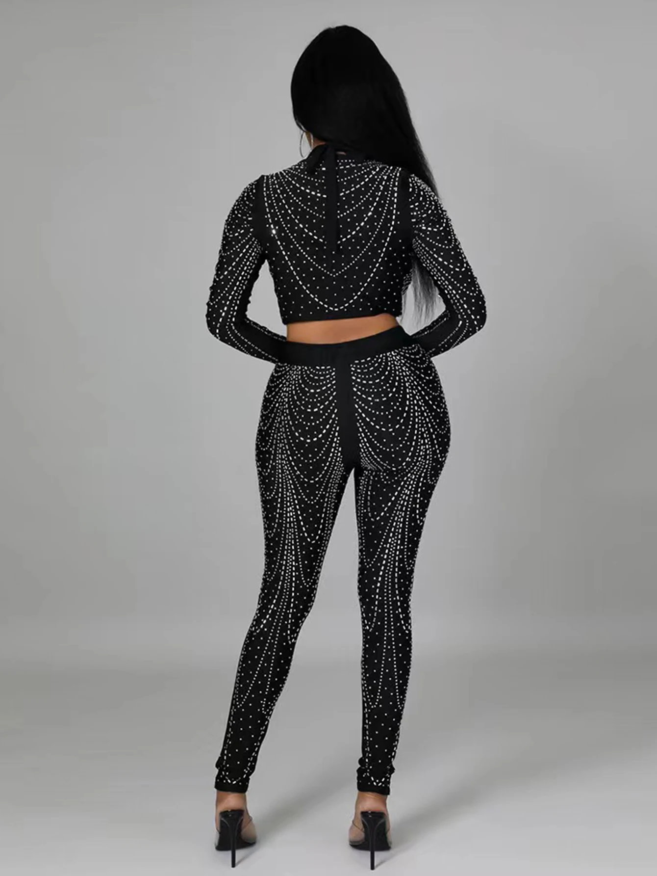 Ladies' sexy long sleeved long pants set with neck tie and diamond studded top, elegant dress, party outfit two-piece set