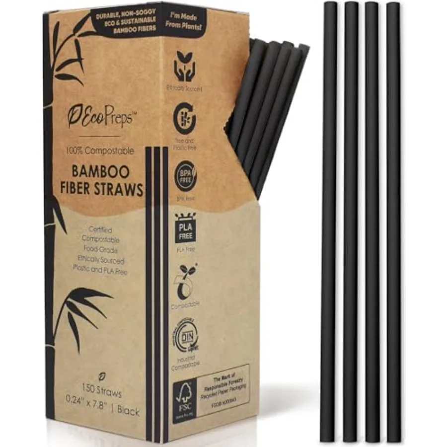 

Black Biodegradable Bamboo Fiber Straws - 150 Count, 100% Compostable, Plastic-Free, Eco-Friendly Drinking Straw - 7.8'' Plant
