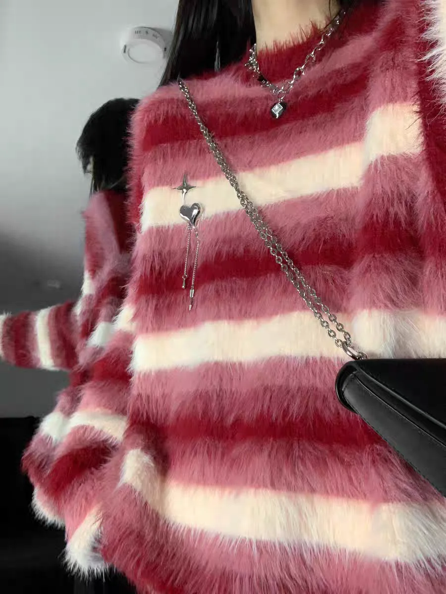 

2026 New Popular Spring Y2k Women's sweater Stripe Pattern Knitwear Sweater Casual Contrast Color Knitted Red Female clothing