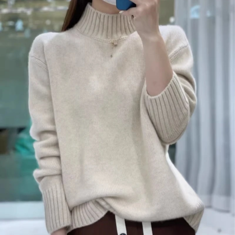 

Thick semi-high neck in autumn and winter, 100% pure cashmere sweater, heavy female loose lazy knitted bottoming sweater.