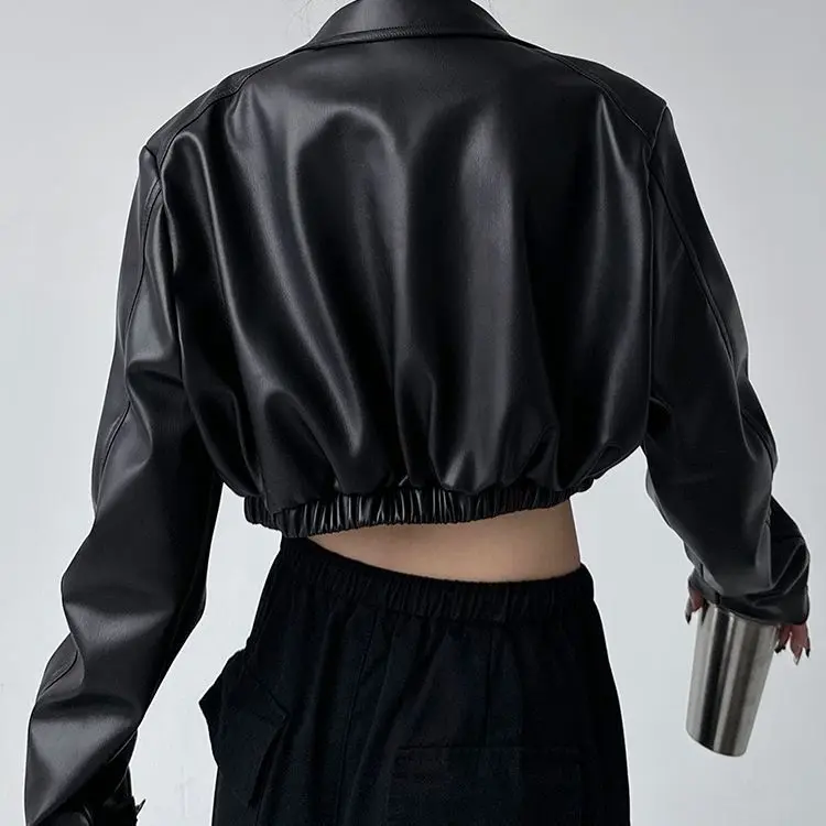 Y2k Black New PU Leather Jacket Cropped Jacket Long-sleeved Top Motorcycle Jackets Design Loose Streetwear Coat Trendy Vintage