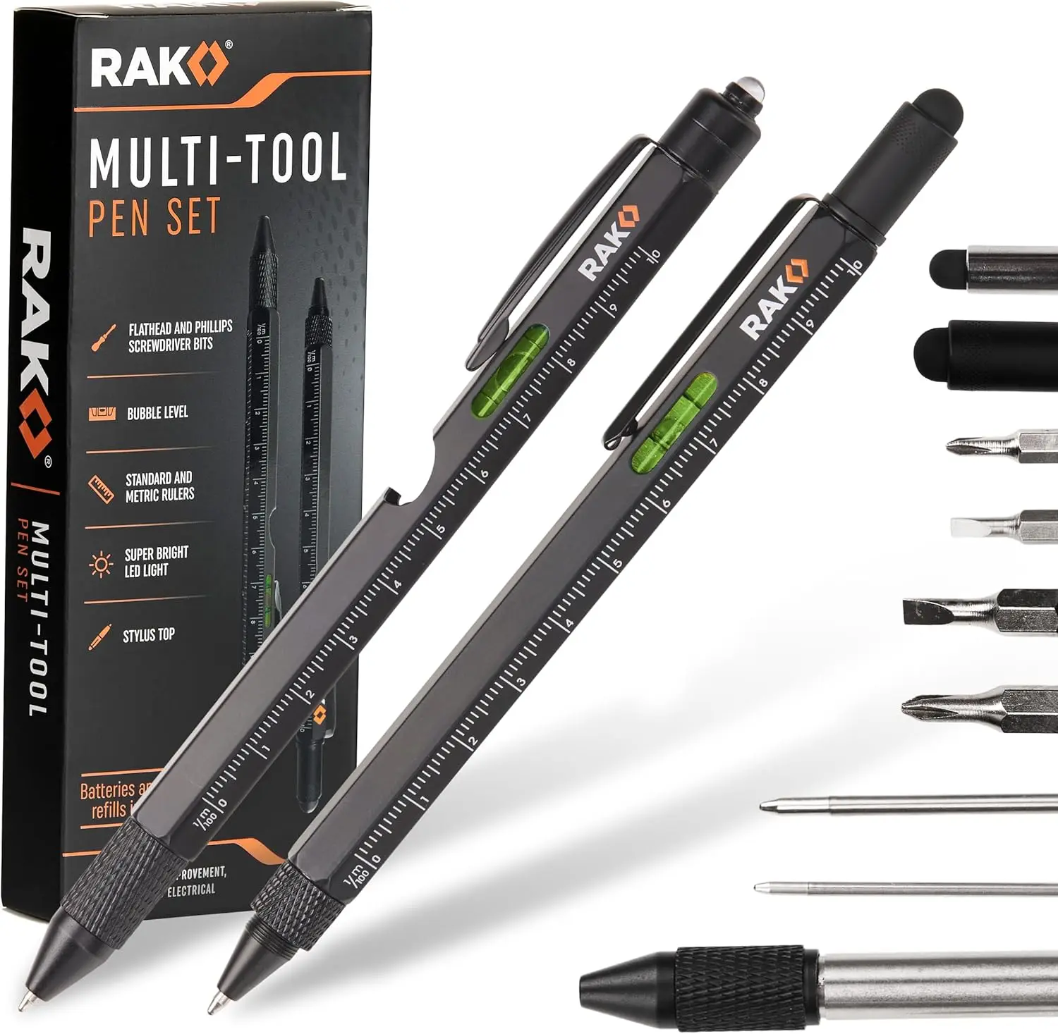 

11-in-1 Multitool Pen Set with LED Light, Screwdrivers, Level, Ruler, Bottle Opener & Stylus - Cool EDC Gadgets Gifts for Men, Dad, 2 Pack