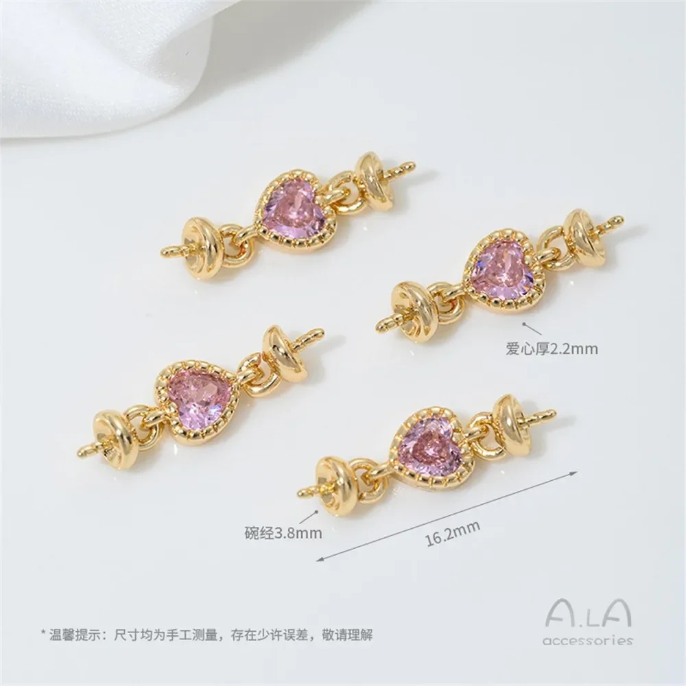 T356 14K Gold-plated, Heart-shaped Zircon Heart Sheep's Eye Set Connection Accessory, Adhered Crystal Pearl Jewelry Material