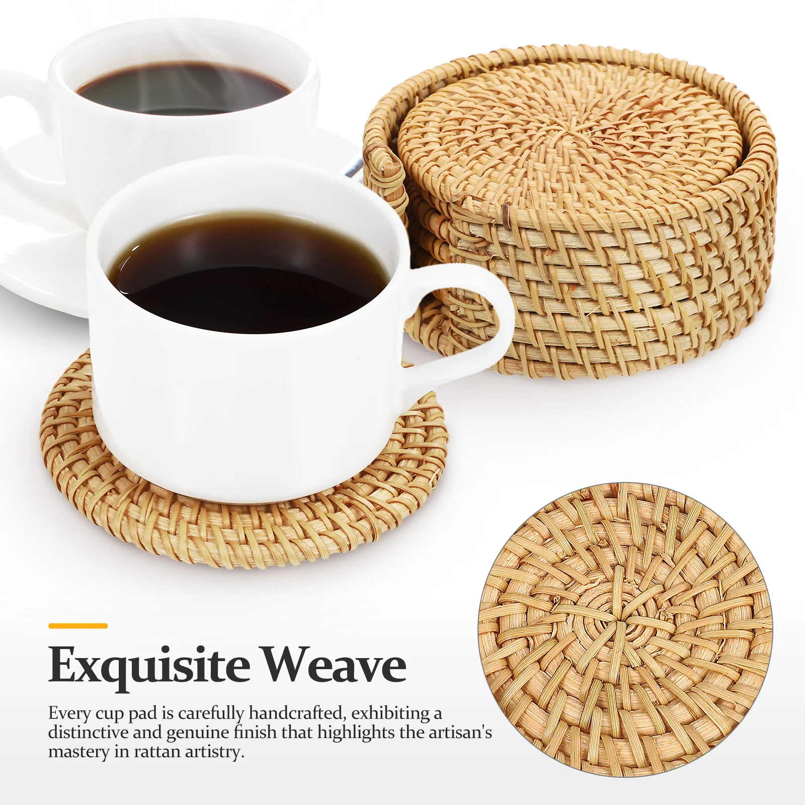 

1Set Rustic Rattan Round Coasters Set with Holder Cup Pads for Table Drink Mats Boho Woven Coffee Coaster Protective Set