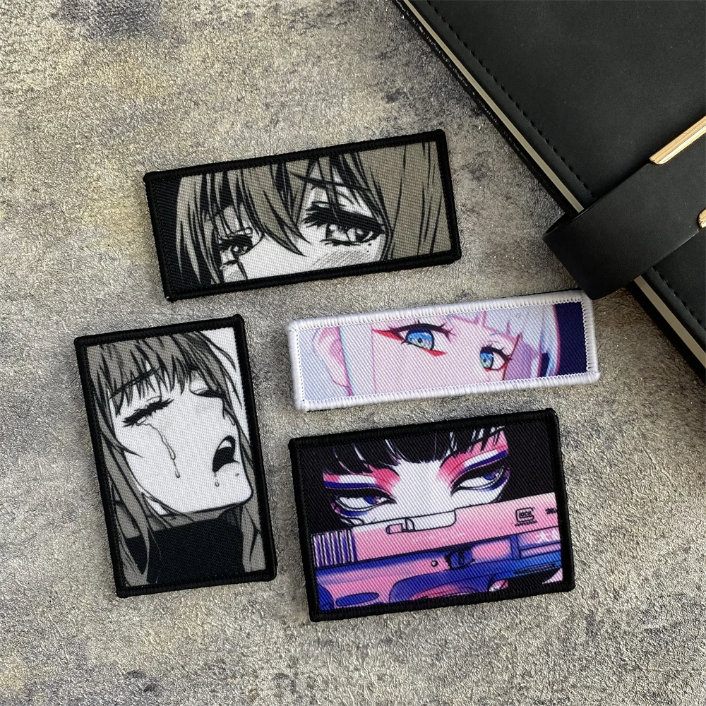 Anime Girl Eye Expression Morale Badge Patch Sexy Tactical Eye Killing Printing Hook and Loop Armband Military Backpack Stickers