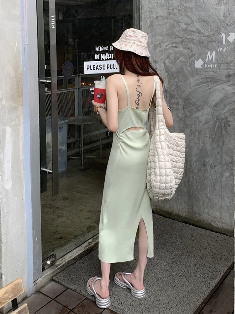 Sexy Hollowed-out Backless  Sleeveless Strap Slim Long Dress Beach  Streetwear Boho Y2K