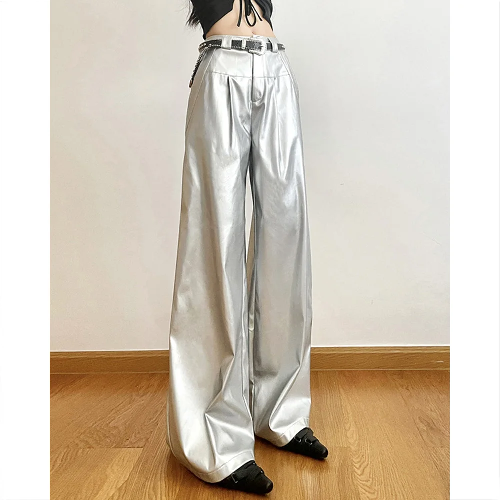 Summer New Women's Silver Solid Color Loose Street Fashion High Waist Casual Straight Leg Wide Leg Pants