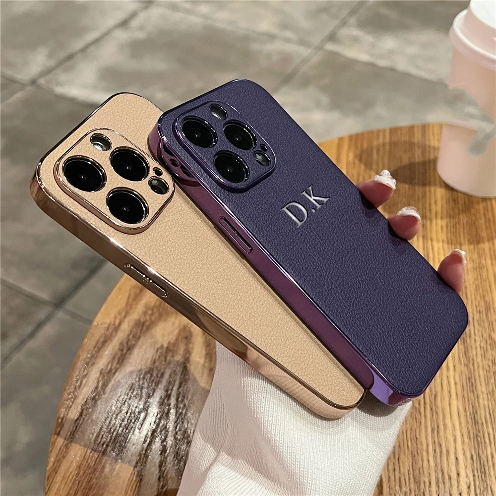 Personalized Luxury Leather Plating Case For iPhone 16 15 14 13 12 11 Pro Max Customized Name Initials Engraved Cover 15 Pro Max