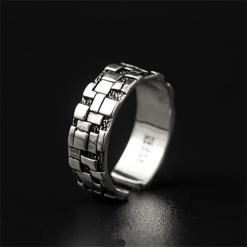 Personality Geometric Block Pattern Ring For Men Jewelry Open Size Trendy 925 Sterling Silver Ring Male Index Finger Accessories