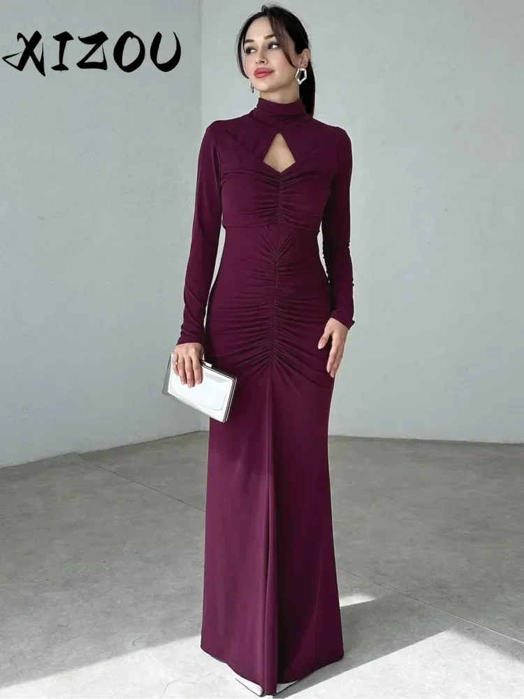 XIZOU Hollow Out Long Sleeve Sexy Maxi Dress for Women Fashion Turtleneck Ruched Bodycon Club Party Elegant Long Dress