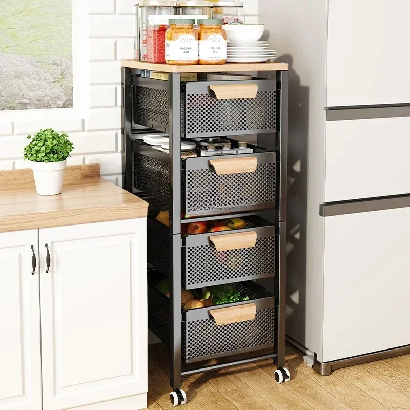 Fruits Vegetables Storage Cart Multifunctional Storage Cabinet Floor Narrow Seam Storage Baskets Pull-out Type Kitchen Furniture