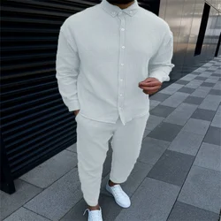 Spring and Autumn Men's Fashion street Shopping Casual Comfort Solid Color Long Sleeve Shirt Lapel Loose Cargo Pants suit