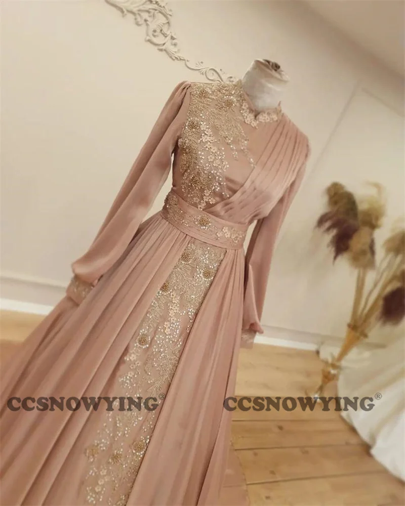 Chiffon Muslim Hijab Evening Dresses Long Sleeve Islamic Prom Formal Party Gown Women High Neck Arabic Dubai Robe De Soiree