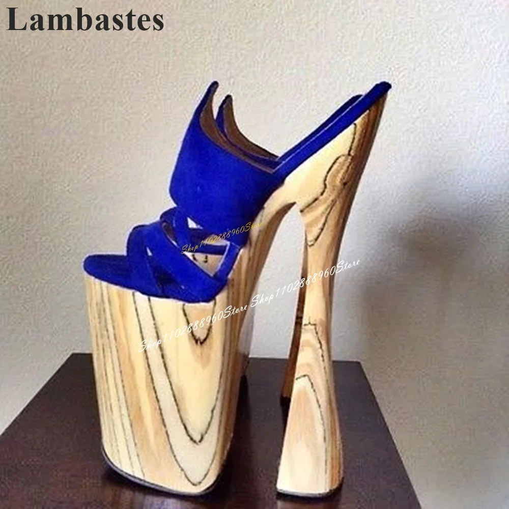 

Blue Narrow Leather Strips Platform Half Slippers High Heel Shoes For Women Slip On Open Toe Occidental Style Women Slippers