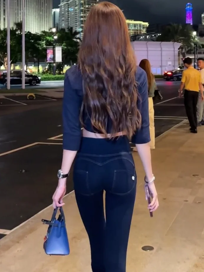 High Waist Slim Fit Denim Pants Women's Buttock-lifting Sexy Tight-fitting Small-foot Long Pants Summer Vintage Style Pure Color