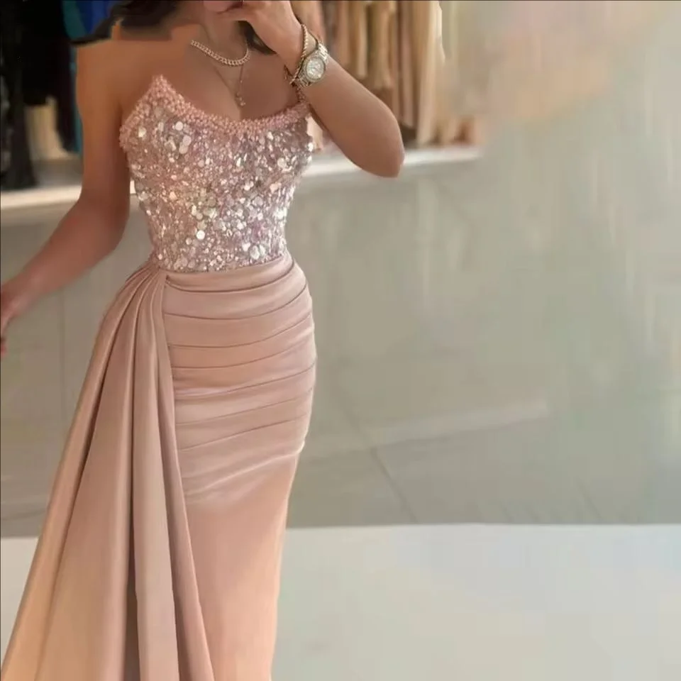 

Woman Customized Pink Elegant Satin Evening Gown Shiny Pearl Sequins Mermaid Evening Dress Scoop Sleeveless Prom Dress