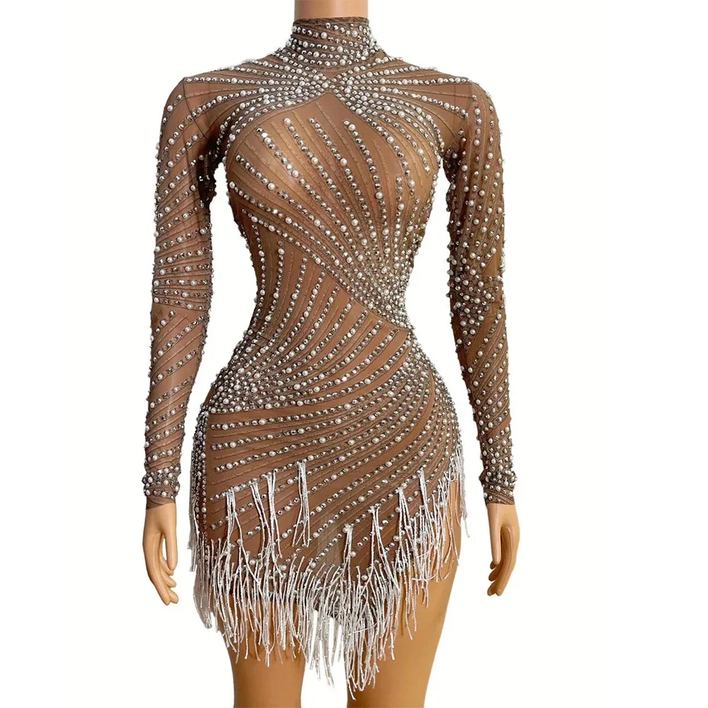 

Brown Shining Tassel Rhinestones Pearls Sexy Long Sleeves Dress For Women Nightclub Party Clothing Stage Singer Costumes