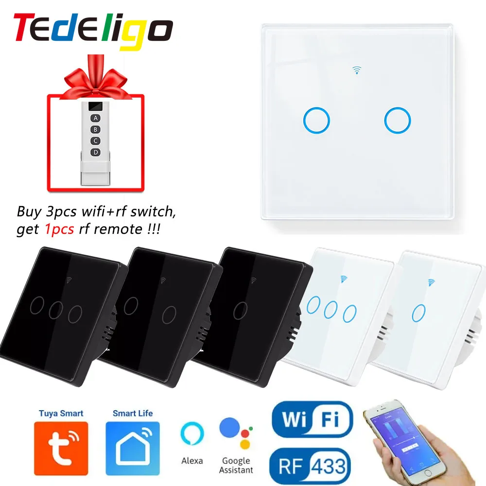 

Tedeligo Tuya Smart WiFi RF Light Switch No Neutral Need Touch Wall Switch,Single Fire Timer,Work with Alexa Google 110V 220V