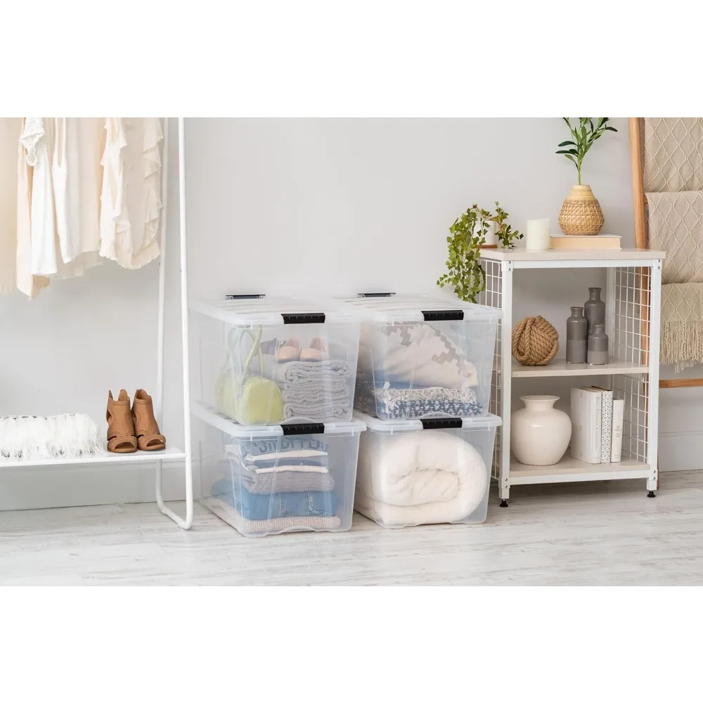 

72 Qt Stackable Plastic Storage Bins w/Lids, 4 Pack, Latches, Durable Nestable Containers, Secure Pull Handle - Clear