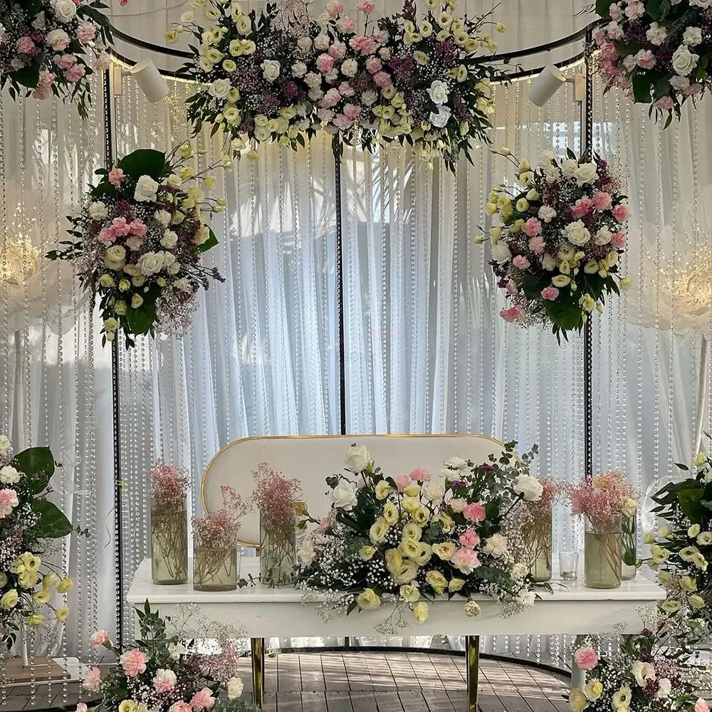 

FSDKX Party Supplies Wedding Stage Backdrop Decoration White Arch Curve Shape Metal Backdrop Stand with Hanging Crystals