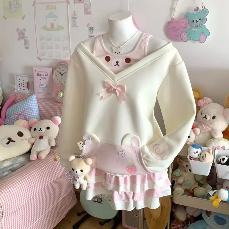 Kawaii القوس الأعلى Y2K مطبوعة الحلو هوديي المرأة الخريف لطيف الكرتون أنيمي قميص قطني بكم طويل كاذبة 2 قطعة الفتيات الحلو هوديس
