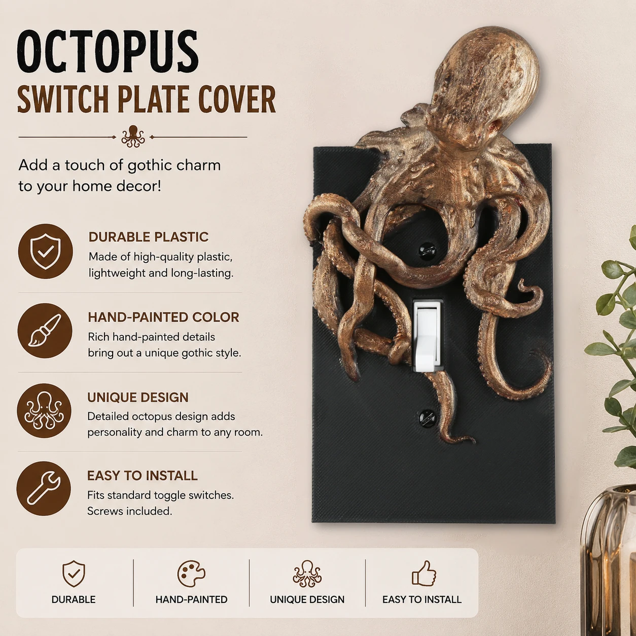 Cross-border Vintage Bronze Octopus Single Toggle Switch Plate Nautical 3D Resin Wall Decor Switch Cover
