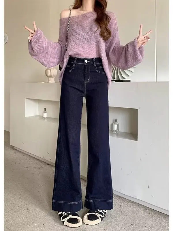 Deep Blue plus Size Denim Jeans Women's Loose High Waist Slim Straight Micro Flared Floor-Length Trousers Autumn 2026