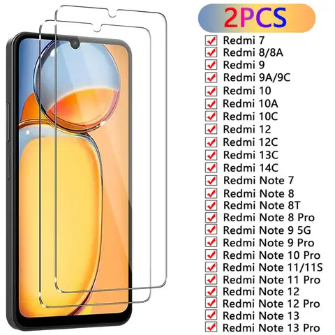 2 Stück gehärtetes Glas für Xiaomi Redmi Note 7 8 8T 9 10 11 12 13 Pro Displayschutzfolie für Redmi 7 8 9 10 12C 13C 14C Glasfolie
