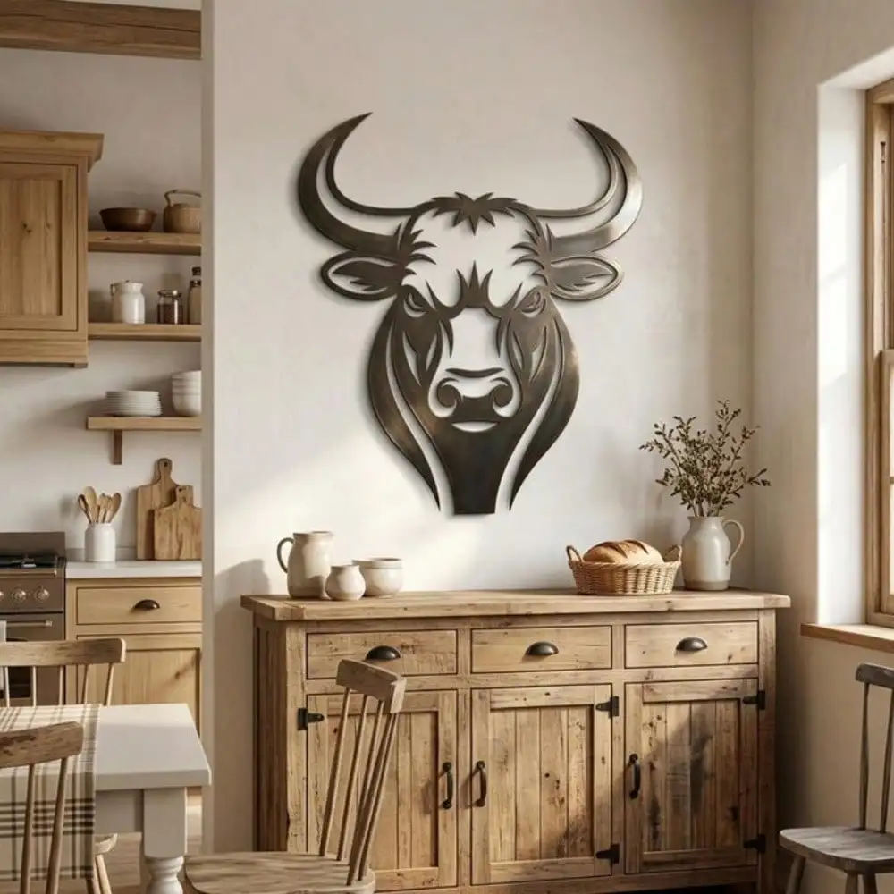 CIFBUY Bull Head Metal Wall Art, Rustic Iron Hanging Sculpture, Modern Farmhouse Western Decor, Indoor Outdoor Home Ornament