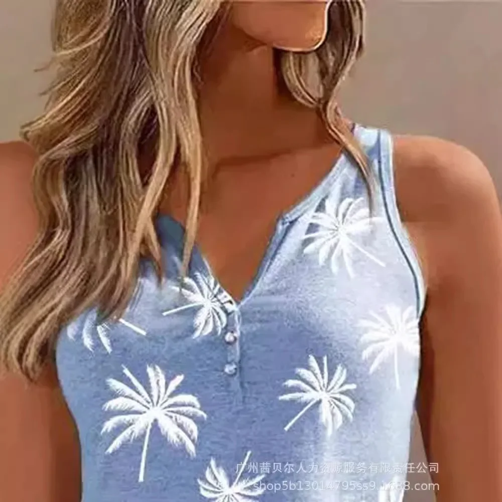 Sleeveless Casual Tees Button Coconut Tree Tank Tops Women Summer Notched Collar Vest Tops V-neck Tank Tops