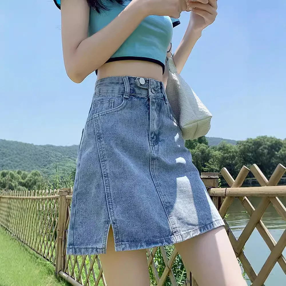 Cowboy short skirt for women in summer, hot girl with high waist and slimming effect, A-line half skirt, versatile hip hugging s