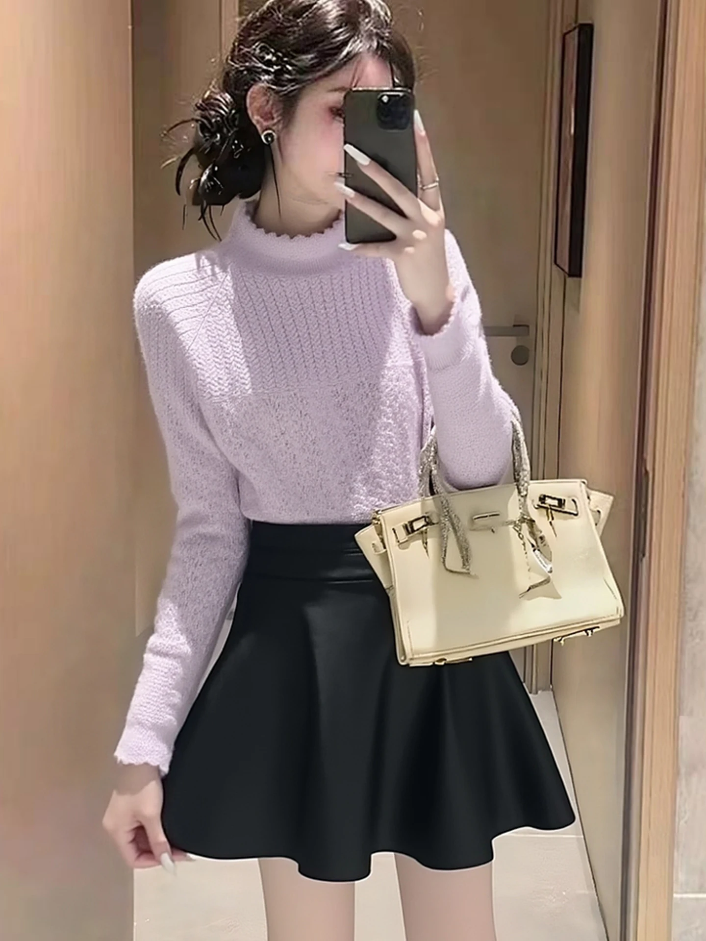 

Ladies Korean Sle Purple Sweater f High Collar Unique Design Anti-Repeat Autumn Winter Warmth sion Faionable Women...