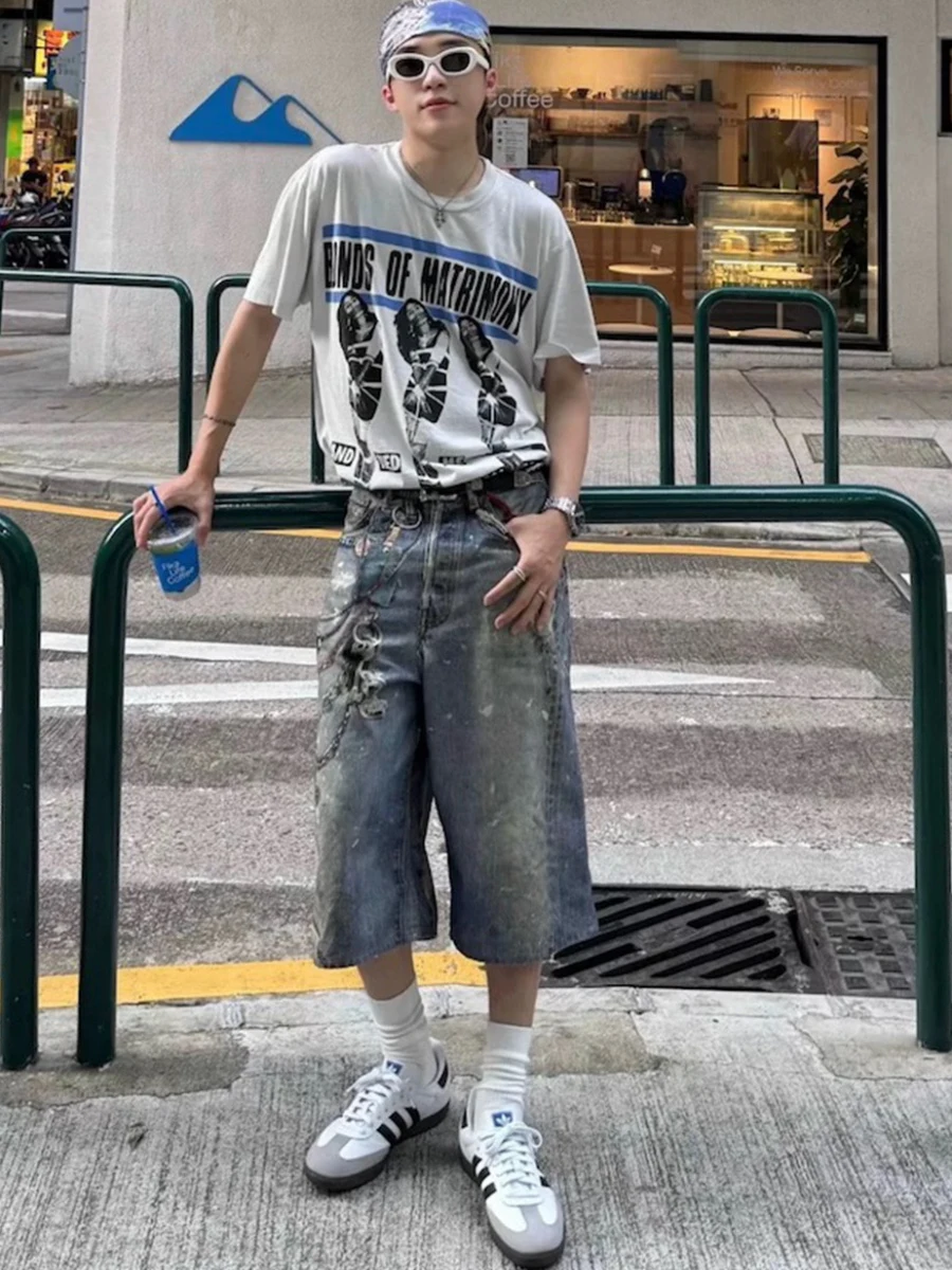 

AC Sle 3D Print Chain Floral Spattered Vintage Denim Jeans Men Women Five-Quarter orts Casual Wear Summer Loose Fit Jeans