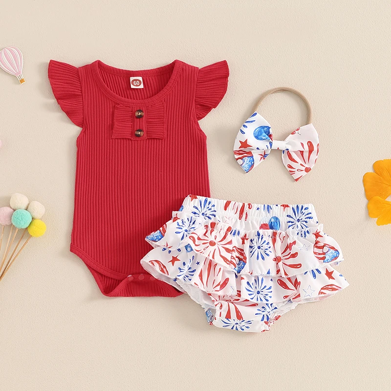 2024-04-03 Lioraitiin Baby Girls 4th of July Sets Flying Sleeve Romper Stars Stripe/Firework Balloon Print Shorts Headband Sets