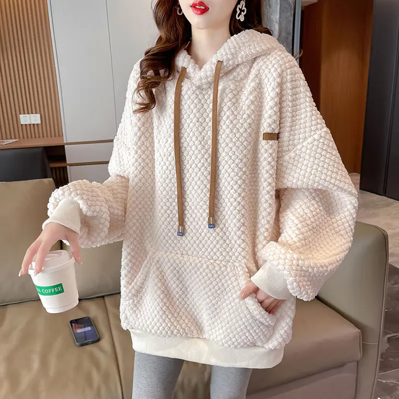 DAYIFUN Lamb Hair Hoodies Women's Autumn Winter Korean Loose Big Pocket Pullover Sweatshirts Cashmere Thickened Versatile Tops