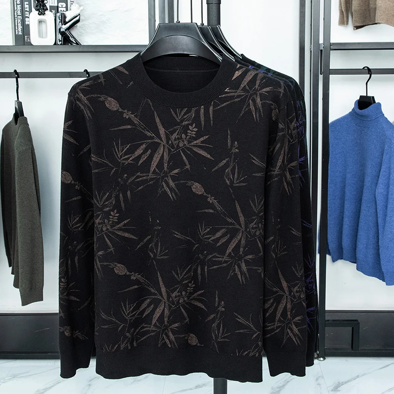 Men's Luxury Knitted Sweater Round Neck Long Sleeve Printed Bamboo Leaf Pullover Autumn Winter Fashion Casual Classic Men's Wear