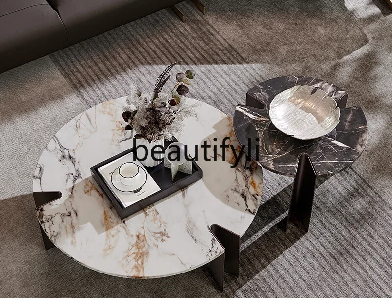 Marble coffee table living room household Italian modern minimalist high-end minimalist round combination