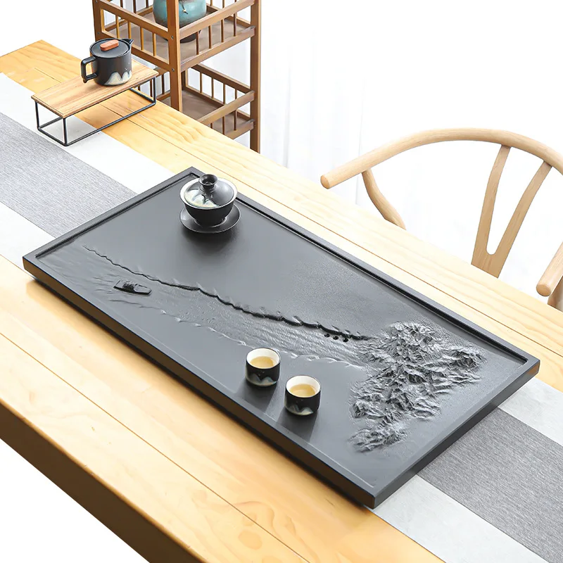 

Natural Black Stone Tea Tray 2026 New Relief Design Tea Station with Tea Basin Living Room Kung Fu Tea Set Integrated Tray