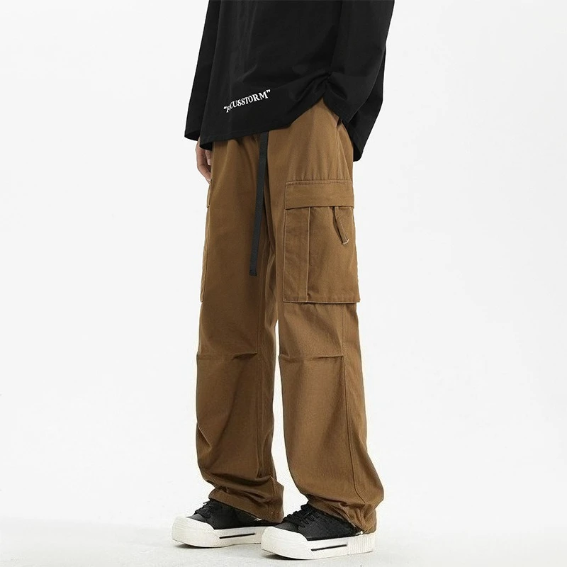 

Spring Autumn 2025 New Fashion Men's Cotton Casual Trendy Loose Straight Wide Leg Multi Pocket Cargo Trousers Male Sports Pants