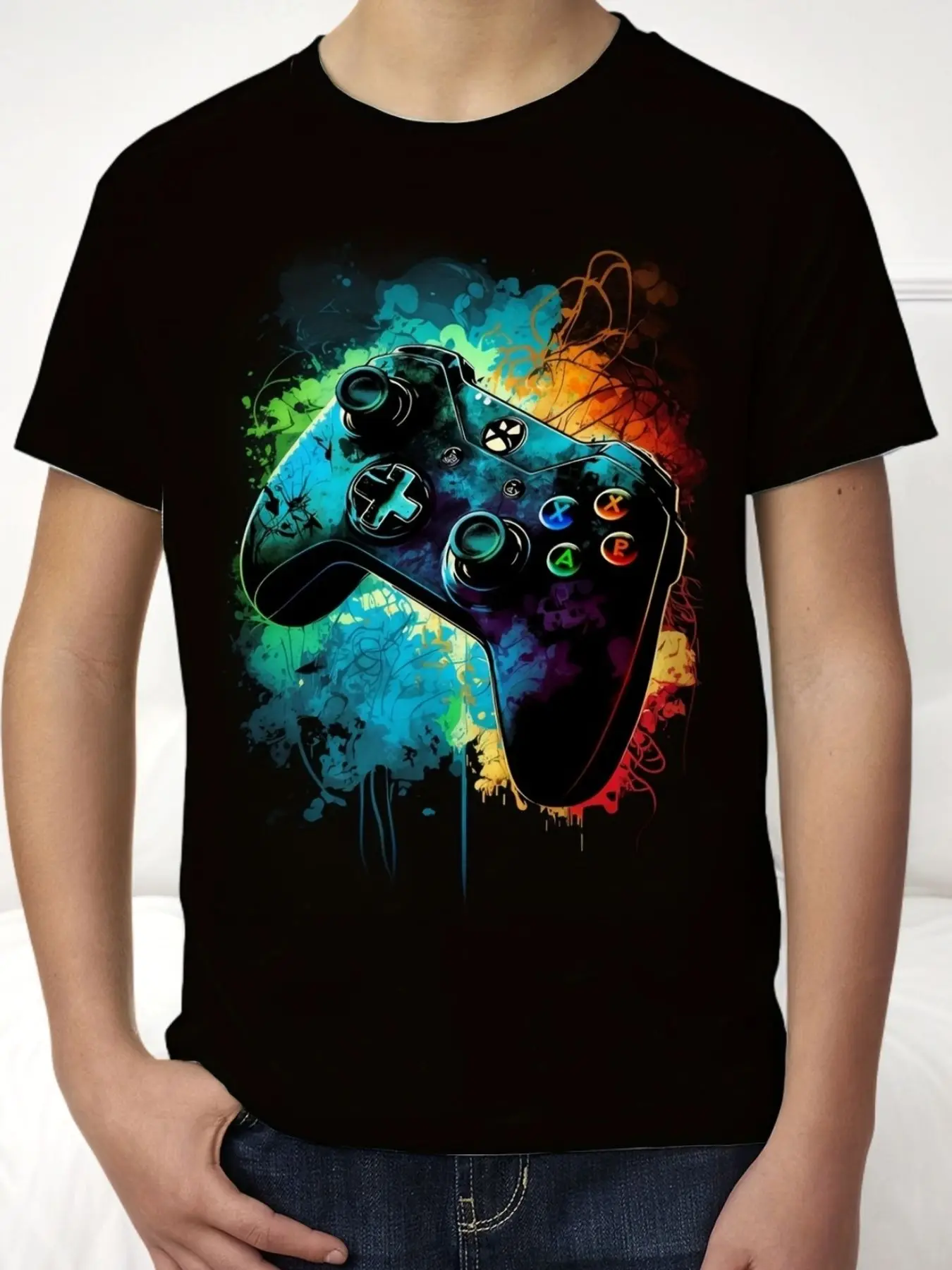 Colorful Splatter Paint Video Game Controller T-Shirt - Artistic Design, Vibrant Controller Pattern, Eye-Catching Black T-Shirt, Perfect for Gamers and Creative Souls