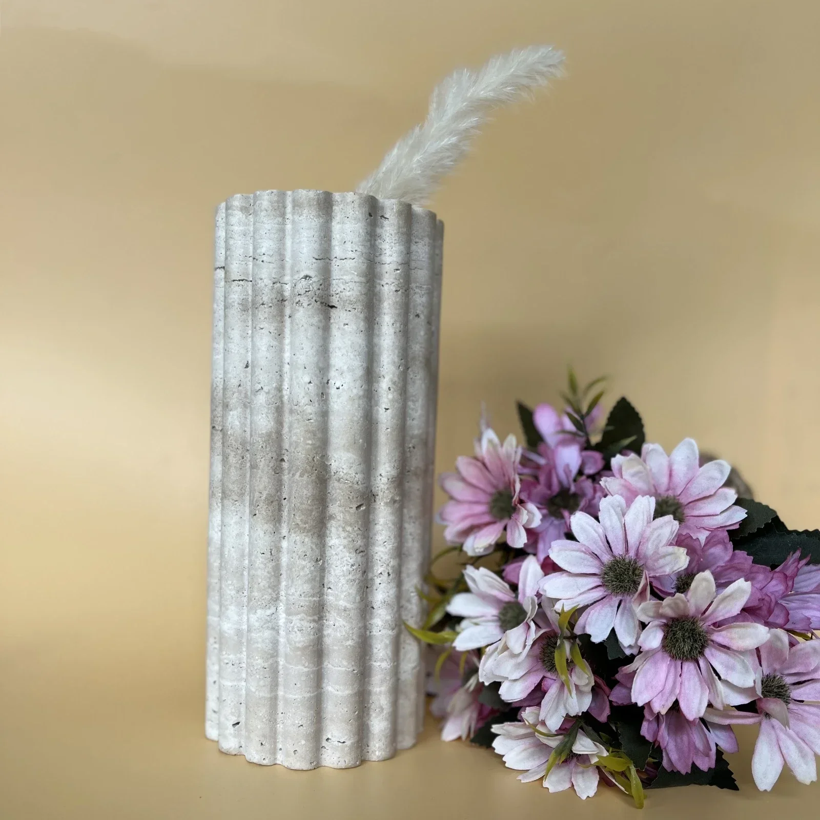 D10xH23CM Carving Stripe Groove Beige Natural Travertine Stone Small Vase Home Decoration