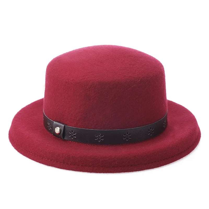 Autumn Winter Women 100% Wool Flat Top Hat Rolled Brim British Style Wool Fedora With Leather Decoration Fashion Warm Dress Hat