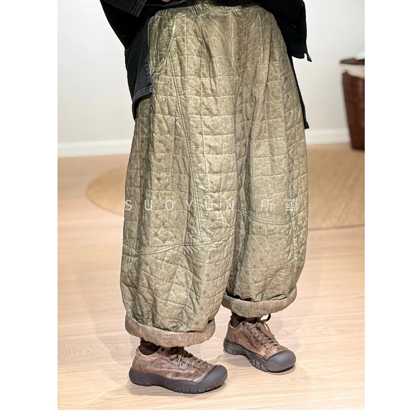 

Новинка 2026 года: Зимние женские теплые утолщенные винтажные брюки-шаровары до щиколотки, повседневные, свободные, из хлопка и льна, с эластичным поясом, модель S189