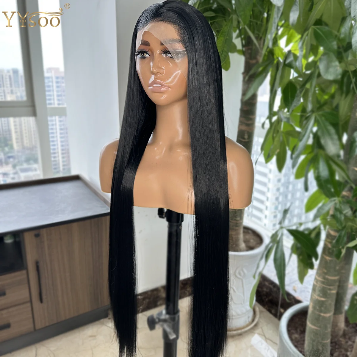 YYsoo Long 30Inch 1# Black Silky Straight Futura Synthetic 13x4 Glueless Lace Front Wigs For Black Women Pre Plucked Hairline