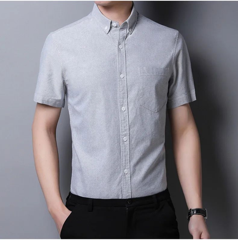 Half Sleeve Shirt Men Slim 100% Cotton Pure Color Stripe Shirts Casual Short Sleeve Shirts for Men Single Pocket Men's Shirts