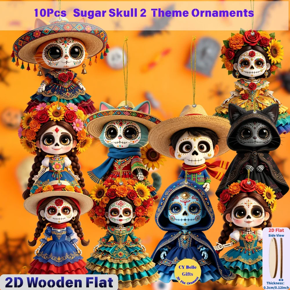 2D Flache Holz-Süßigkeiten-Totenkopf-Hängeornamente für Halloween, Tag der Toten, Weihnachten, Schulanfang, Zuhause, Büro, Klassenzimmer, Auto, Schlüsselanhänger – Detail 10