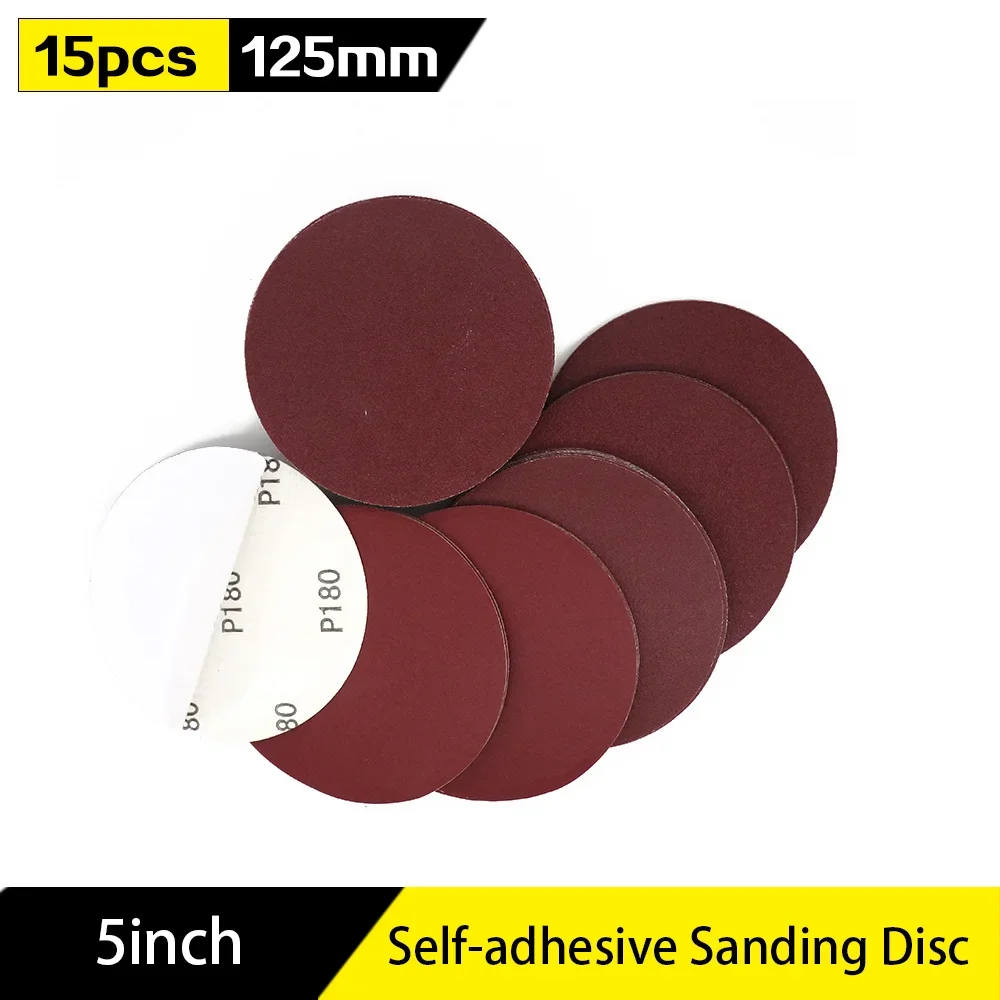 15 Pcs 5“ 125mm Red PSA Sandpaper Disk Aluminum Oxide Sanding Discs Grit 40-2000 Self Stick for Polishing Woodworking Tools