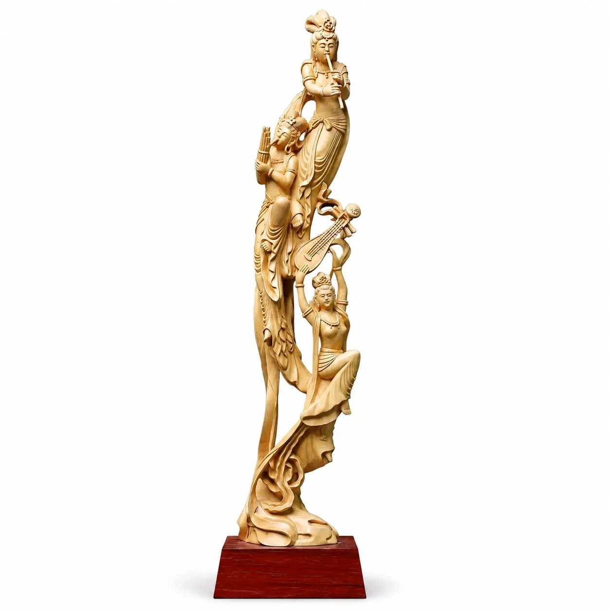 Hand Carved Boxwood Dunhuang Flying Apsaras Lute Playing Lady Statue for Traditional Asian Home Office Desk Decor Gift