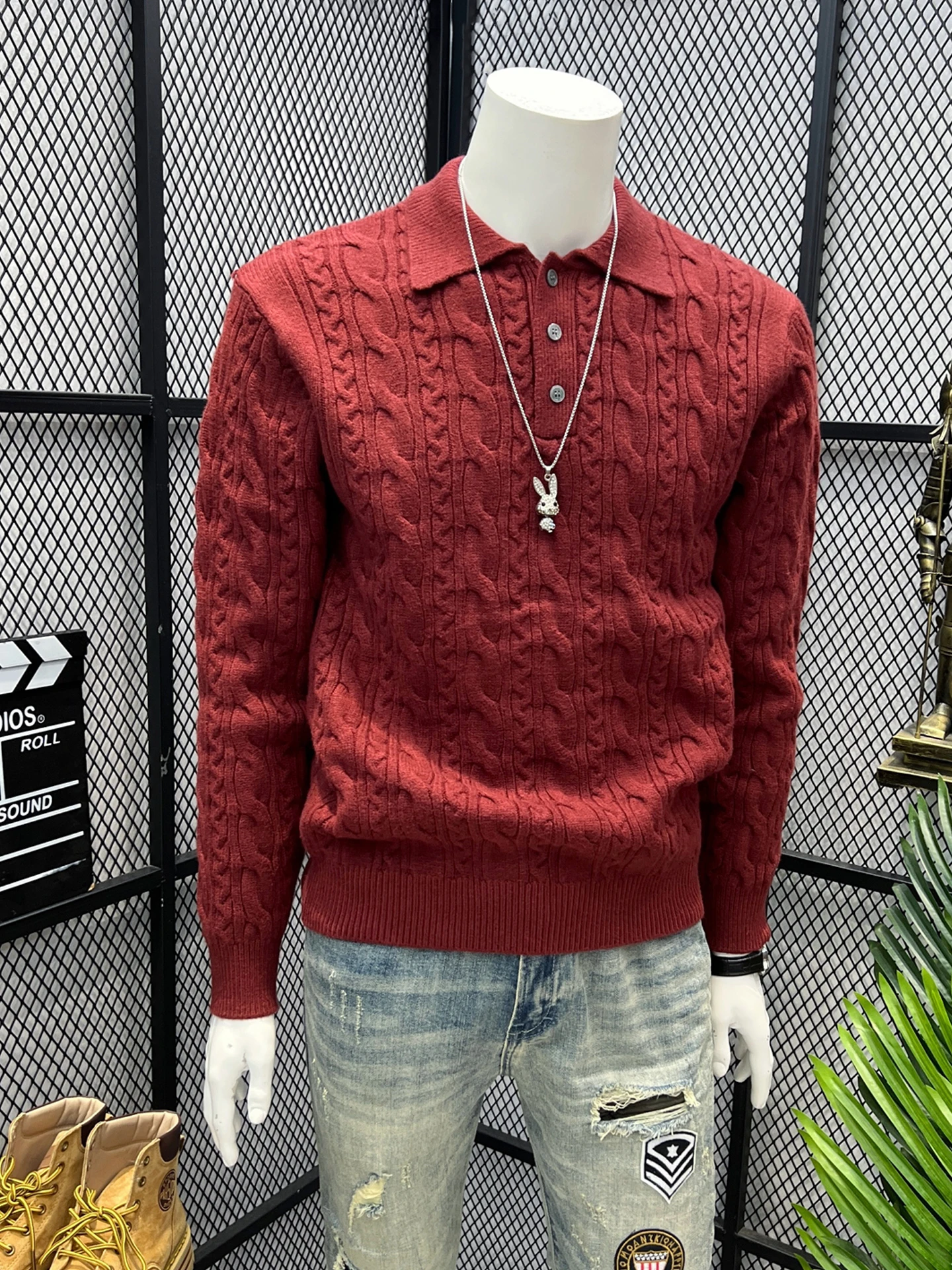 

Мужской свитер Cisas Red из полиэстера, вязаный, свободного кроя, теплый базовый слой, повседневный, зимний, модный, с длинным рукавом