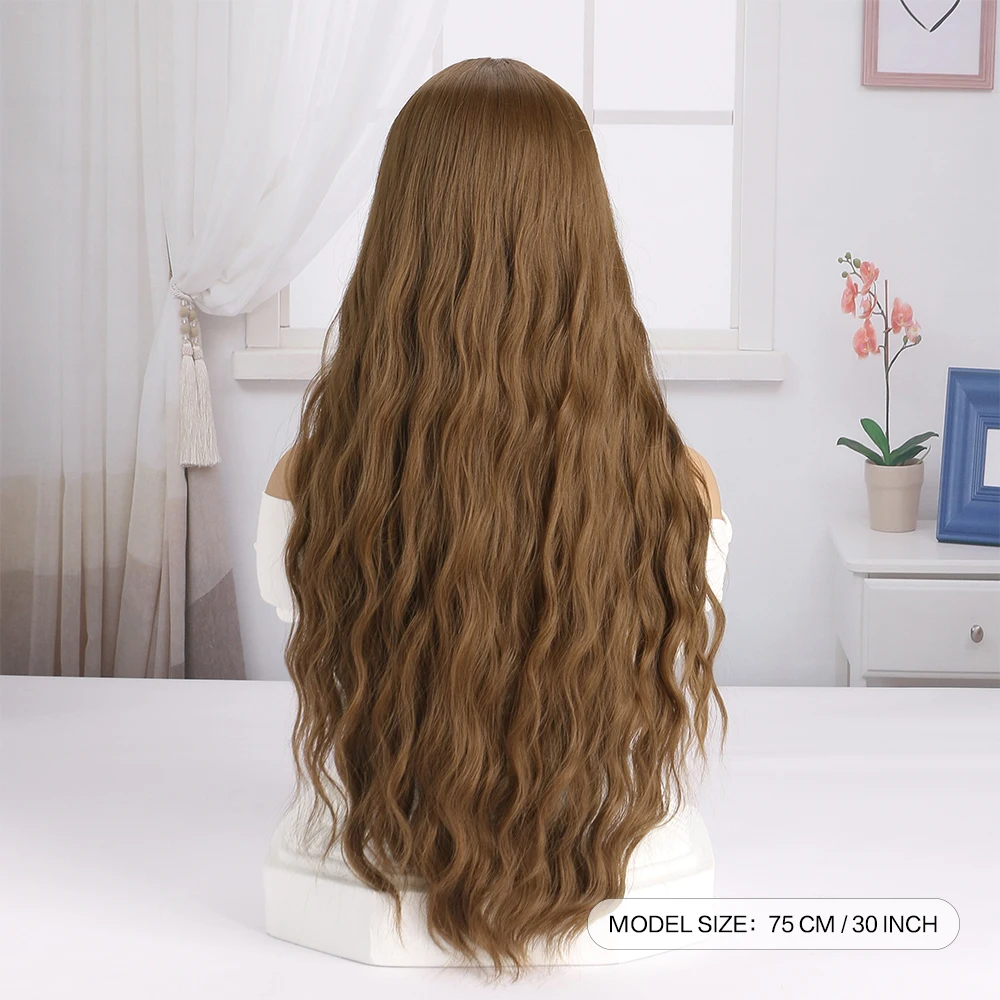 30 بوصة بني فاتح شعر مستعار طويل الاصطناعية للنساء شعر مستعار مموج طبيعي مع الانفجارات شعر مستعار ألياف مقاومة للحرارة لجميع القديسين اليومي #4